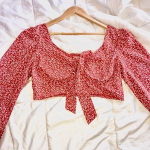 Red Long Sleeve Crop Top With White Designs